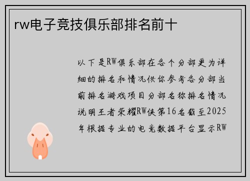 rw电子竞技俱乐部排名前十